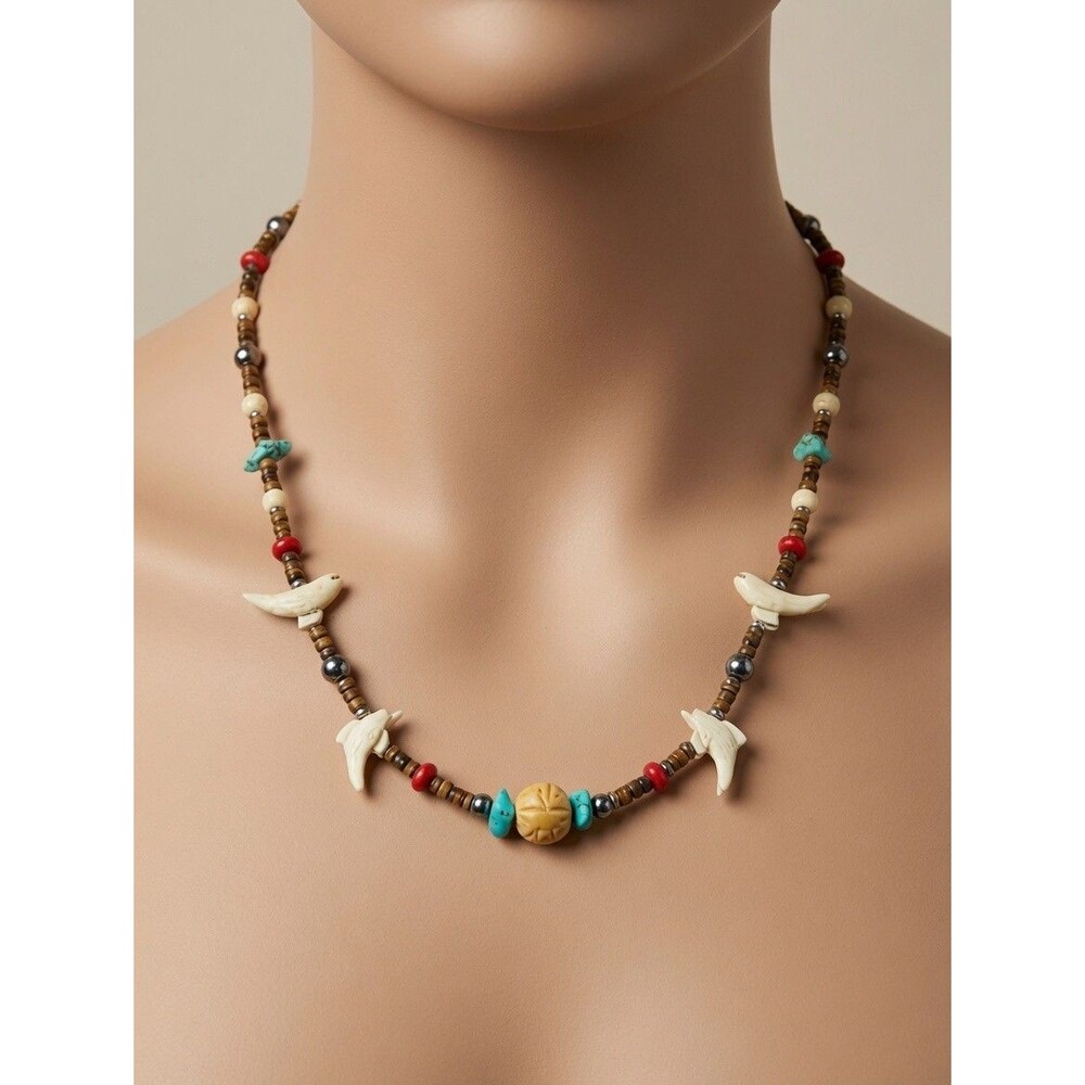Vintage Heishe Coco Bead Necklace Carved Dolphin Turtle Hematite Boho Surfer